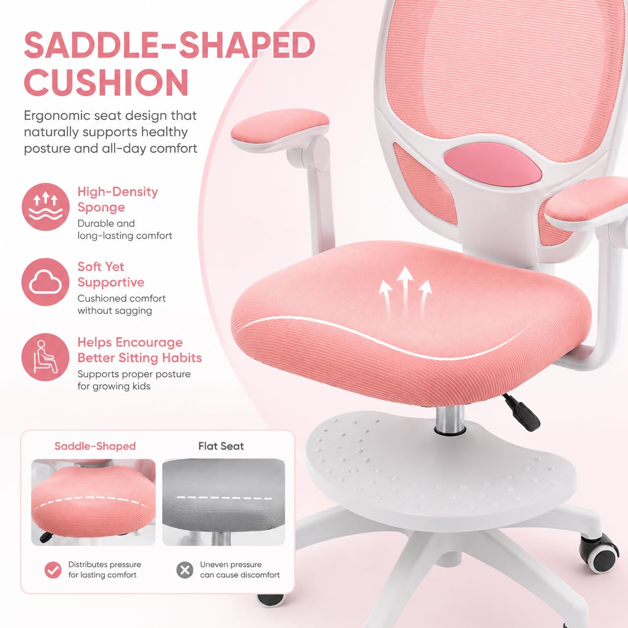 Sedia da scrivania per bambini, regolabile in altezza, 50 kg, rosa | rete, schiuma, forma a sella, pieghevole a 90°, 50 kg, ruote a gravità, girevole a 360°, seduta da 10 cm + poggiapiedi, 5-13J