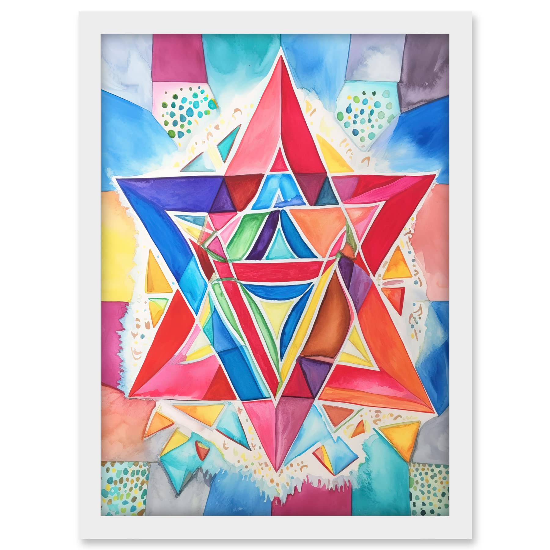 Artery8 Jewish Star Of David Bright Multicoloured Folk Art Watercolour Painting Artwork Framed A3 Wall Art Print
