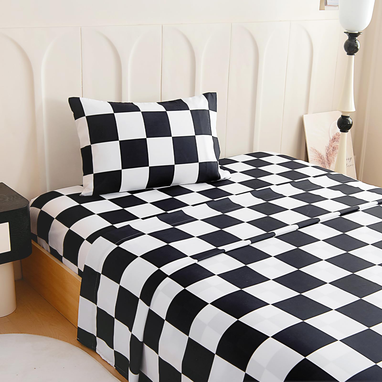 Full Sheet Set Kids - Black&amp;White Plaid 4 Pieces Soft Microfiber Cartoon Style Bedsheets for Boys Girls Teens, Oeko TEX Breathable 15 Inch Deep Pocket Sheets(Chequered Flag)