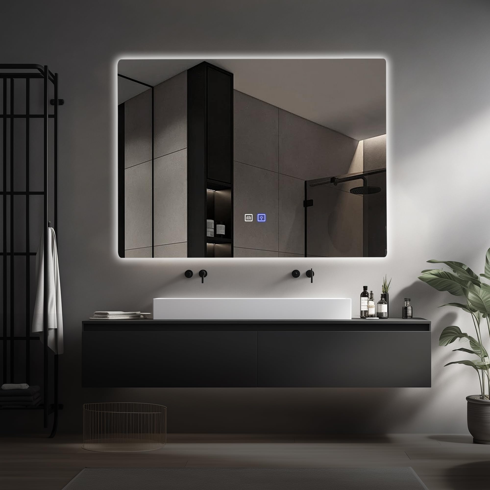 48x36 inch Backlit and Front Tricolor Lighted Dimmable Anti-Fog Shatter Proof LED Bathroom Vanity Mirror with Touch Daylight Lighting Adjustable Brightness Cosmetic Makeup Mirror for Women - White