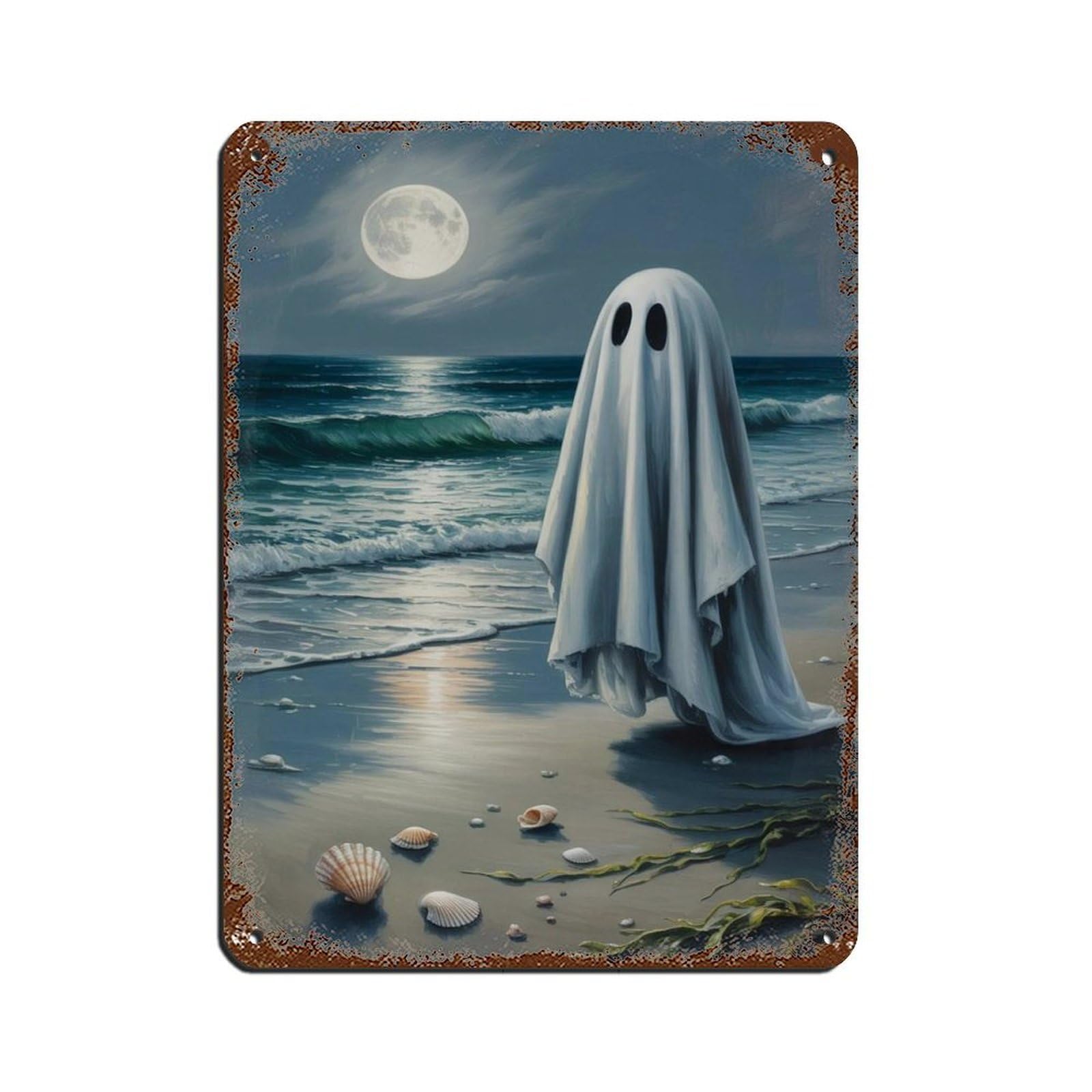 Ghost on The Beach Poster, Spooky Art Tin Sign Vintage Metal Pub Club Cafe Bar Home Wall Art Decoration Poster Retro 12x16inch(30x40cm)