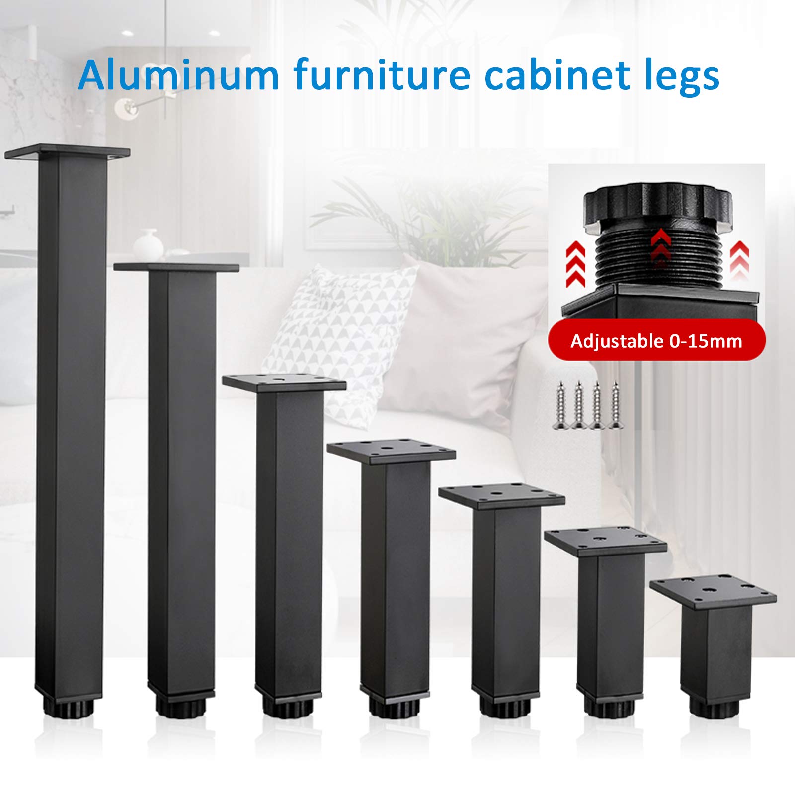 Regulowane nogi meblowe ze stopu aluminium do kwadratowej sofy stolika kawowego szafki łazienkowej 0 15 mm wysokość matowy czarny zestaw 4 (5 cm / 2in/2 cale) ze śrubami