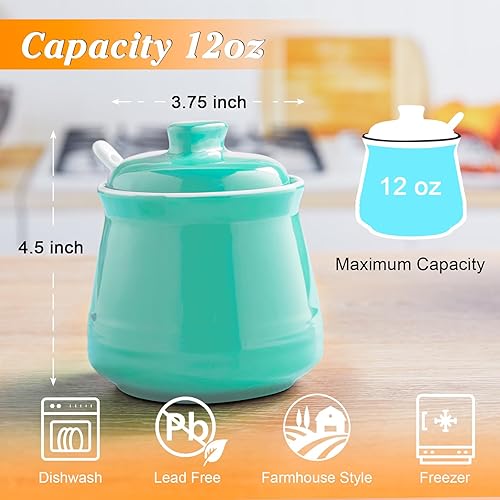 Miniatura 2 de Azucarero turquesa con tapa y cuchara, azucarero de cerámica verde azulado de 12 onzas con cuchara, contenedor de azúcar para barra de café, tazón