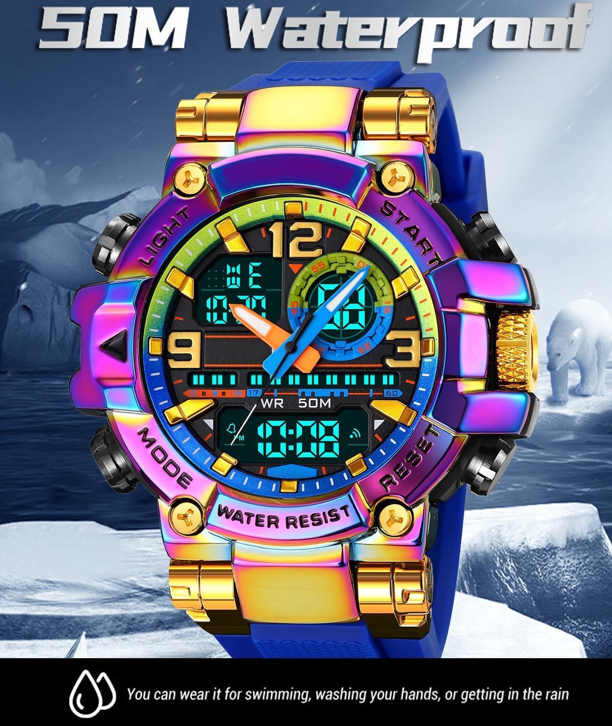 findtime Mens Watch Sport Waterproof Watches Colorful Digital Analog Wrist Watch Military Tactical Outdoor Big Face Watches Unique Wristwatch with LED Stopwatch Countdown Alarm Dual Time