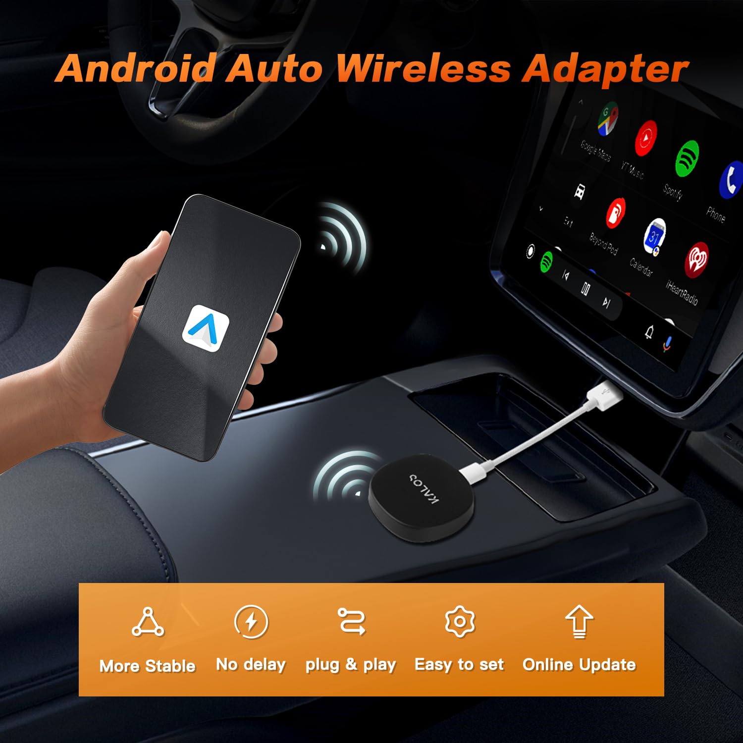 KALOS Android Auto Wireless Adapter,Convert Factory Wired to Wireless,Instant Connection,Plug & Play, Auto-Connect,Compatible with Android 11+ & Cars from 2015