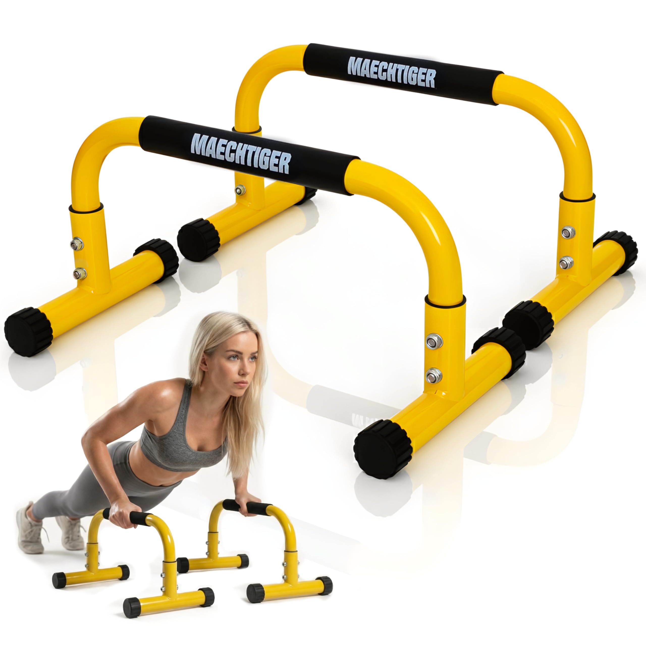 Premium Parallettes - extralange Liegestützgriffe/Push Up Bars aus Stahl - mit Ausgleichsystem für stabilen Stand - rutschfest & gelenkschonend - für Calisthenics, Fitness, Indoor & Outdoor