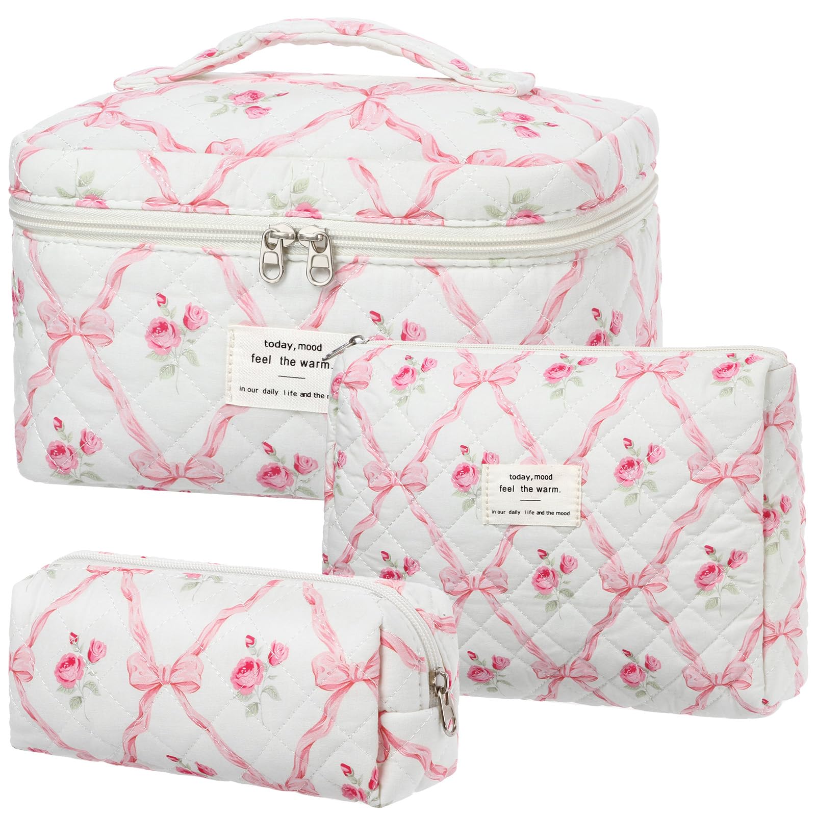 BuyCard Kosmetiktasche 3er Set,Kulturtasche Damen mit Blumenmuster,Gesteppte Kulturtasche, Tragbare Schminktasche für Reisen & Alltag | Make Up Tasche Frauen Mädchen. (3, Pink Blossom)