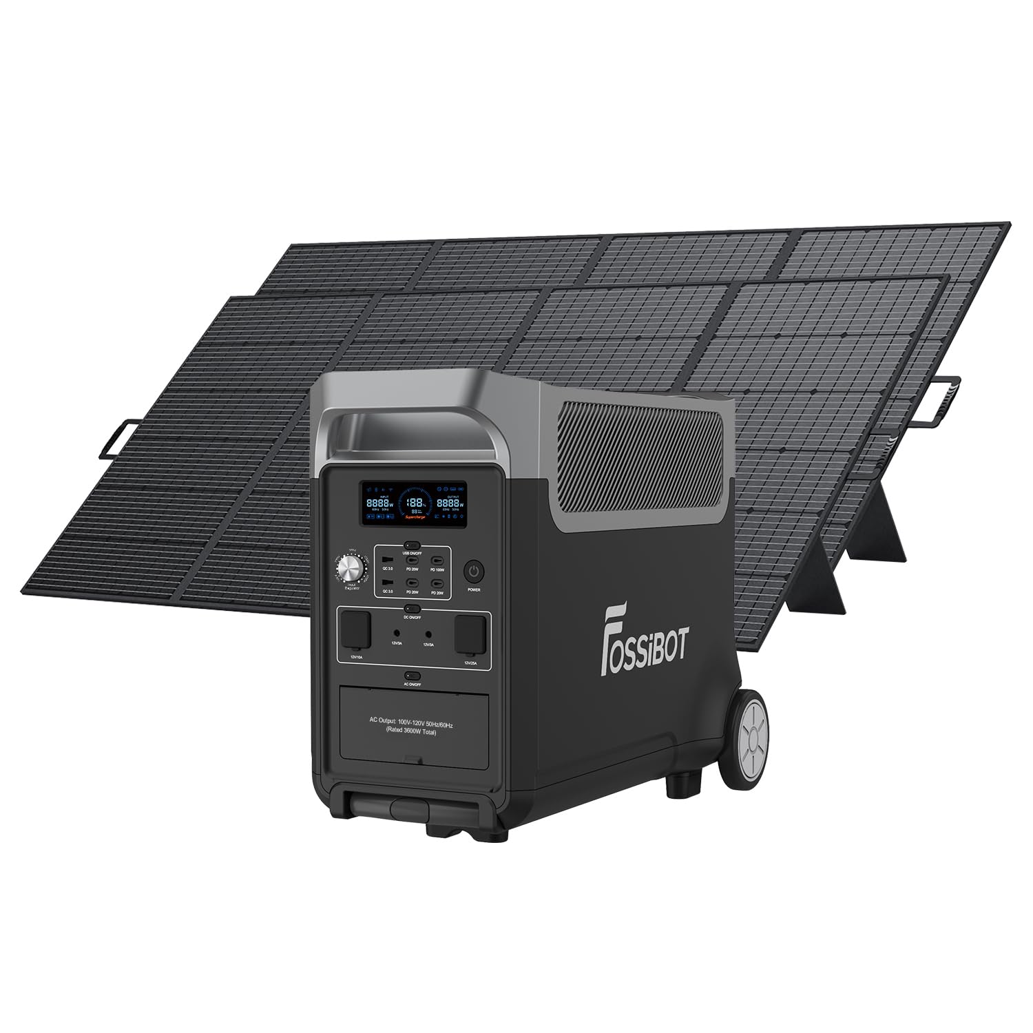 FOSSiBOT F3600 Generateur Electrique Solaire CA 3600W (7200W Pic) avec 2 panneaux solaires de 400W, Station Silencieux Portable 3840Wh LiFePO4, Onduleur Alimentation de Secours à Domicile Camping