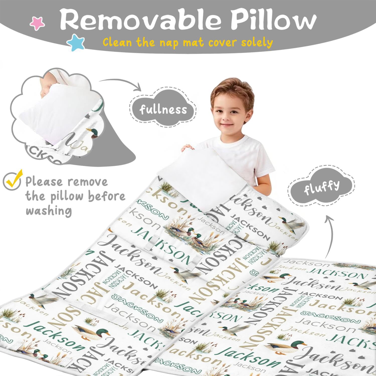 Personalized Toddler Nap Mat with Name for Daycare Preschool, Customized Mallard Kids Sleeping Bag with Pillow & Blanket for Boys Girls, Wild Duck Toddler Nap Sack Sleep Mats