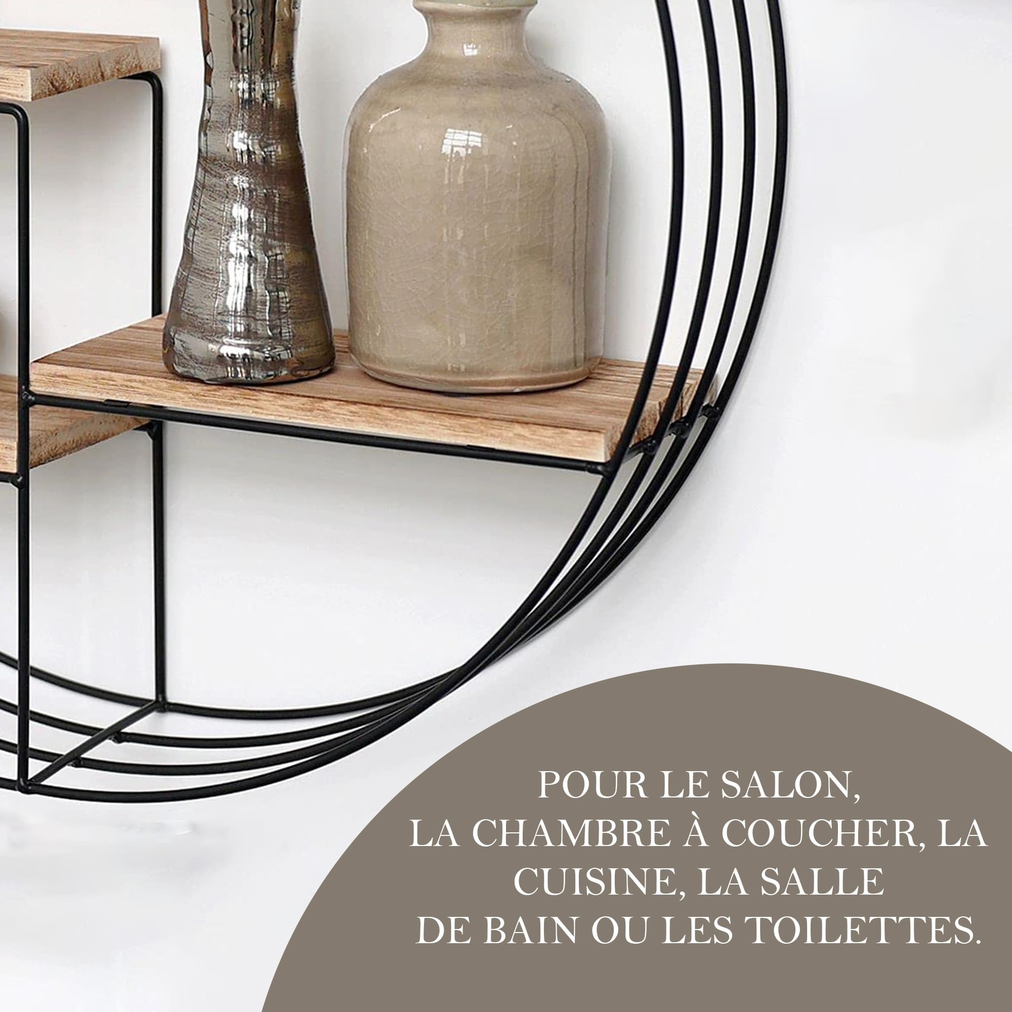 Vivol Etagere Murale Ronde en Métal Noir - 4 Tablettes en Bois - 50x11 cm