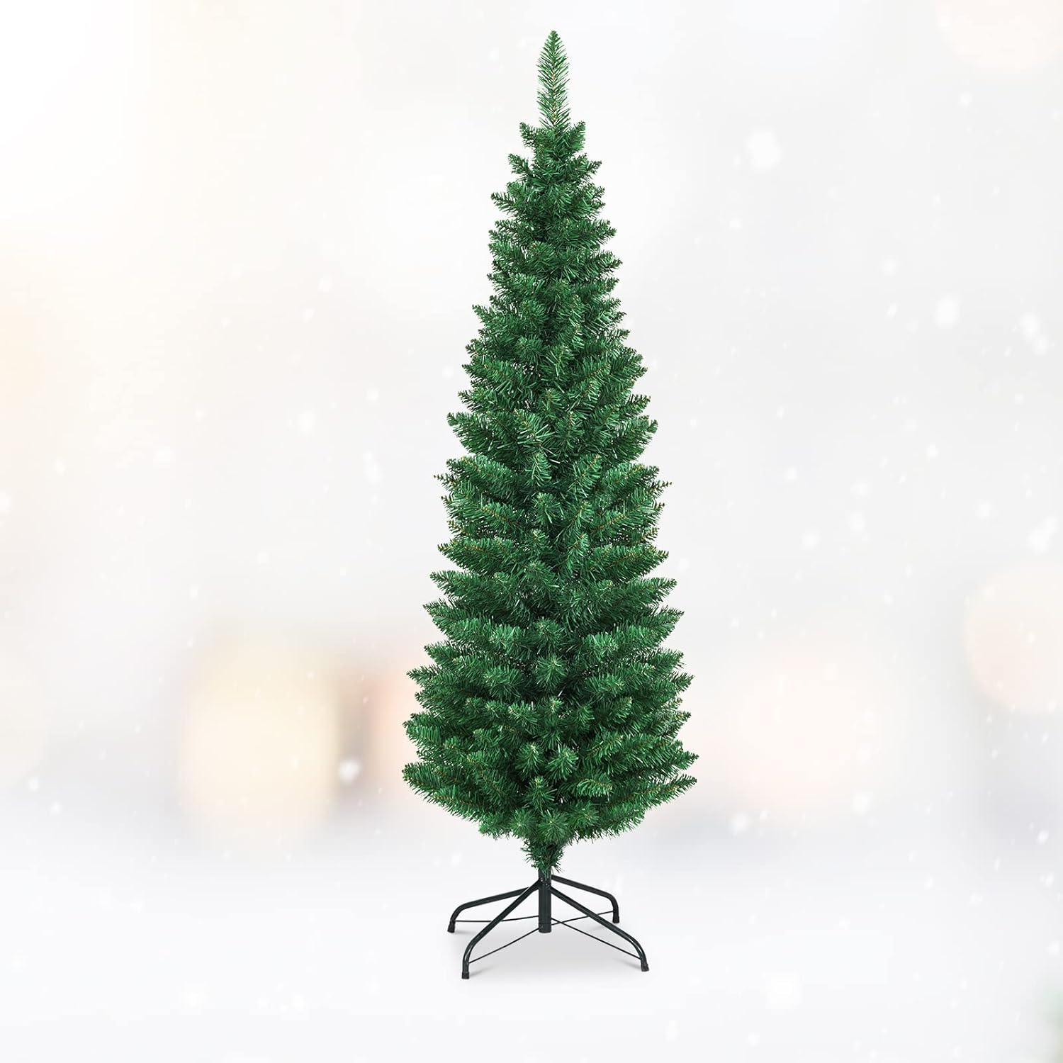 ARLIME 5FT Slim Christmas Tree, Skinny Artificial Tree with Hinged Metal Stand, PVC Material, Ideal for Indoor and Outdoor Decorations, Green