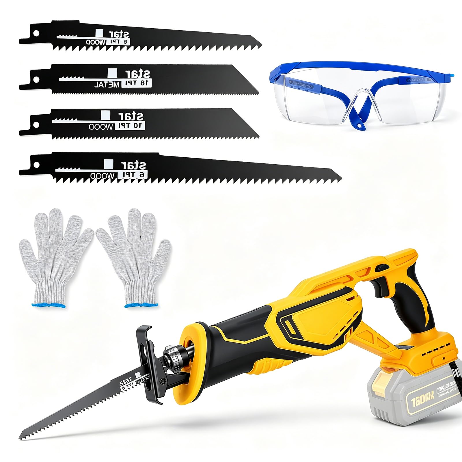 Cordless Reciprocating Saw Compatible, Reciprocating Saw Compatible with De-Walt 20V Max Battery–Brushless Motor, 3500 SPM, 55mm Wood Cutting Depth, with 4 Blades, Safety Glasses & Gloves (Bare Tool)