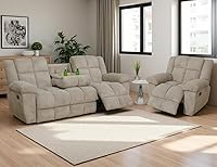 Vista 24 de Juego de sofá reclinable de pana, sofá reclinable manual con portavasos/mesa auxiliar, cómodos sofás reclinables de tela, juegos de muebles de sala