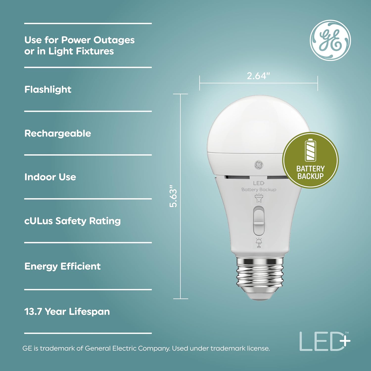 GE LED+ Backup Battery LED Light Bulbs, A21 Rechargeable Light Bulbs for Power Outages and Emergencies, Flashlight, 3 Color Temperatures (2 Pack)