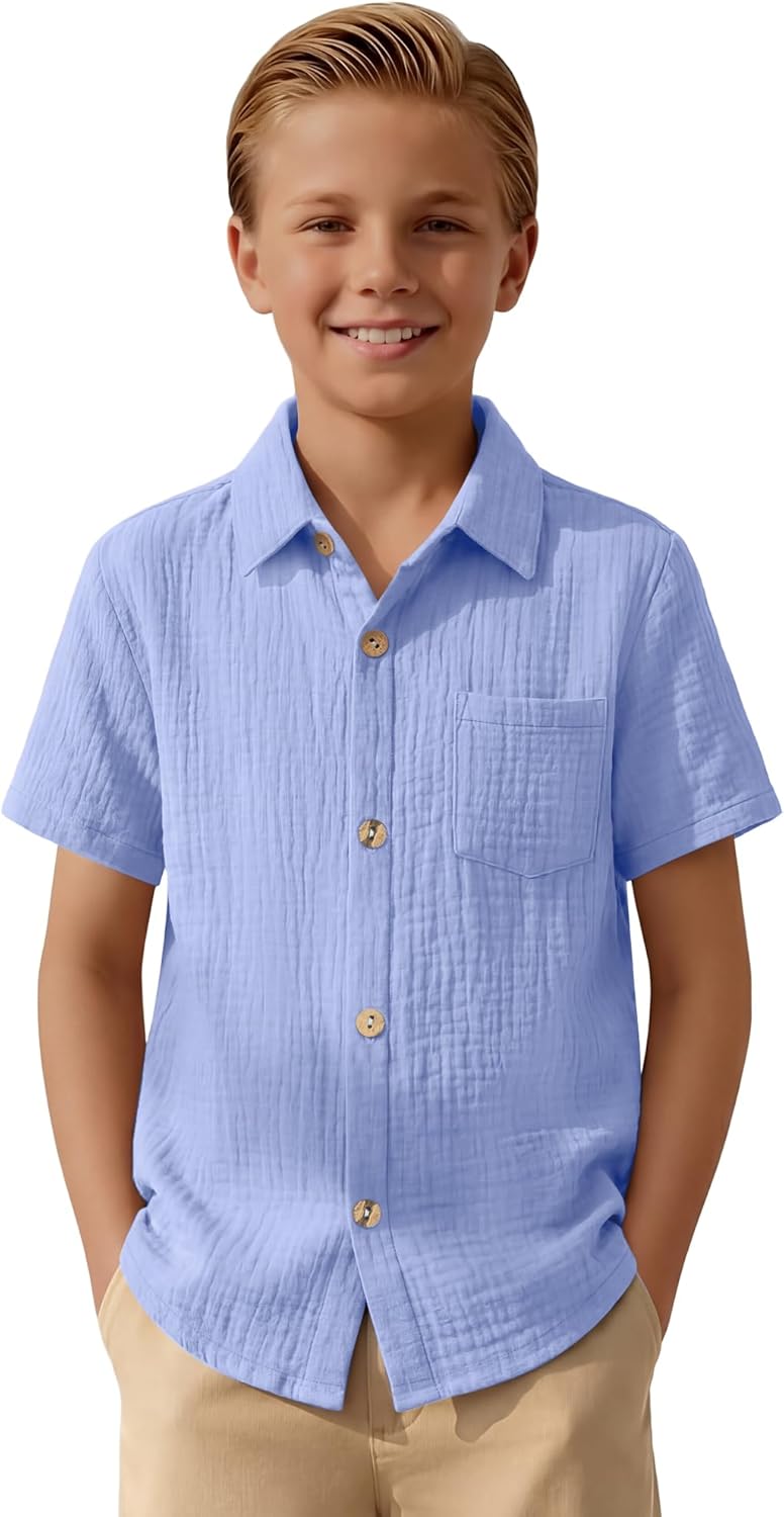 Boys Short Sleeve Shirts Button Down 100% Cotton Shirt for Kids Loose Dressy Top with Pocket Summer 5-14 Years