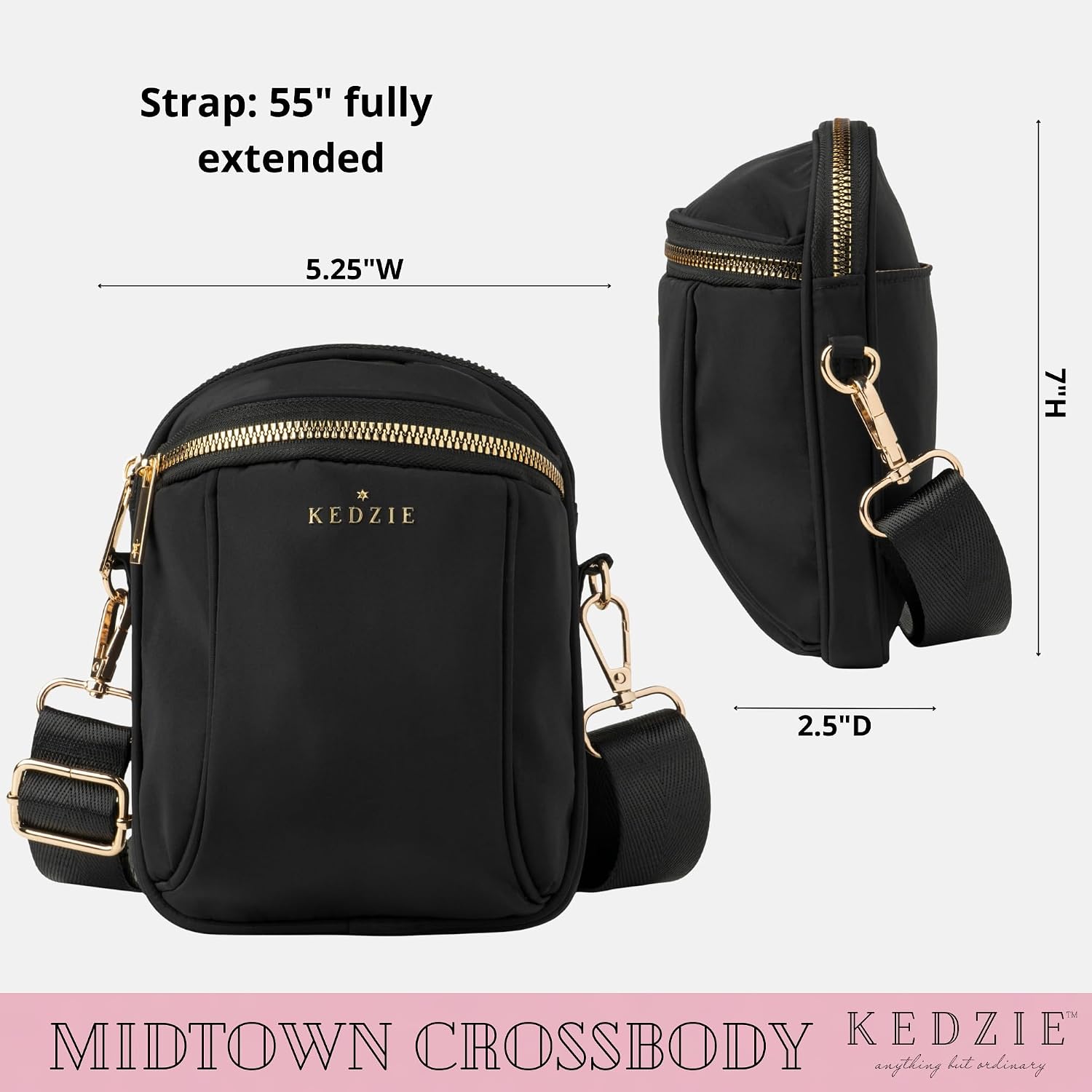 KEDZIE Midtown Crossbody Bag (Black) & Interchangeable 2-Inch Bag Strap (Later Skater) image 4