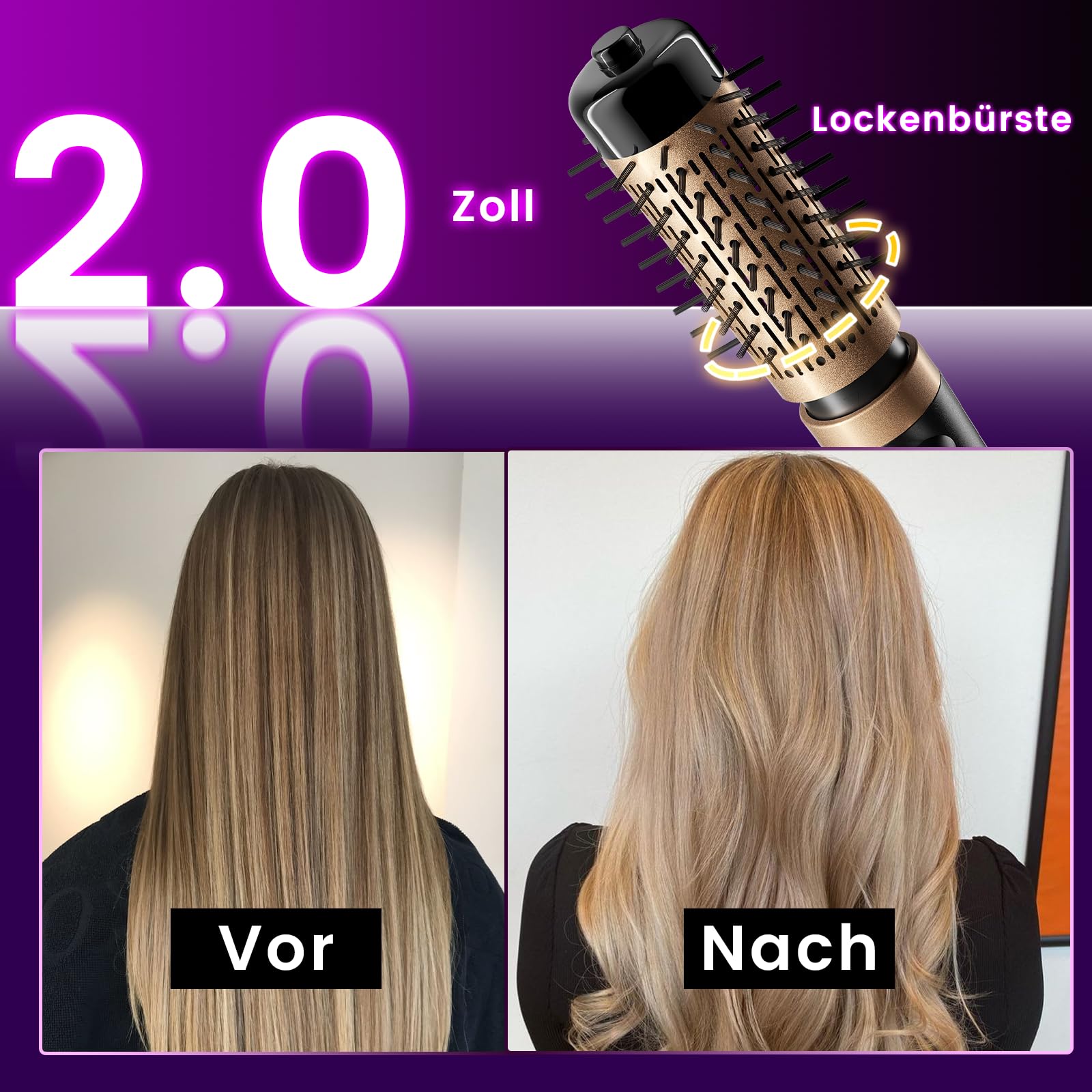 Rotierende Warmluftbürste, 3-in-1 Rundbürstenföhn mit 2 Bürsten (1,5"&2") zum Trocknen Styling Voluminierende Curling Schlafen in einem Schritt, 3 Temperaturen, Negativ-Ionische