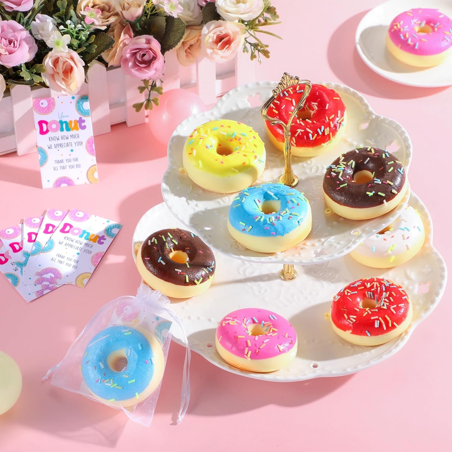 Xuhal Teacher Appreciation Gifts Funny Donut Gift Stress Relief Ball Donut Appreciation Cards Thank You Gift Cards with Organza Bags for School Party(20 Set)
