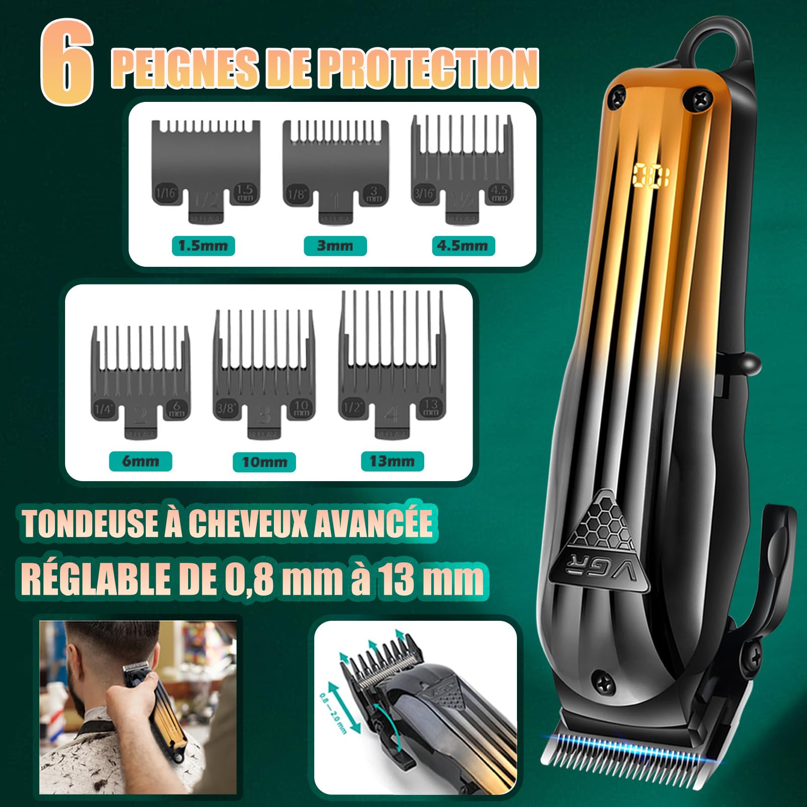 VGR 644 Tondeuse Pour Hommes Professionnelle | Tondeuse à Barbe Sans Fil & Rasoir Électrique, Kit de Coupe de Cheveux Rechargeable 3 Pièces avec Écran LED