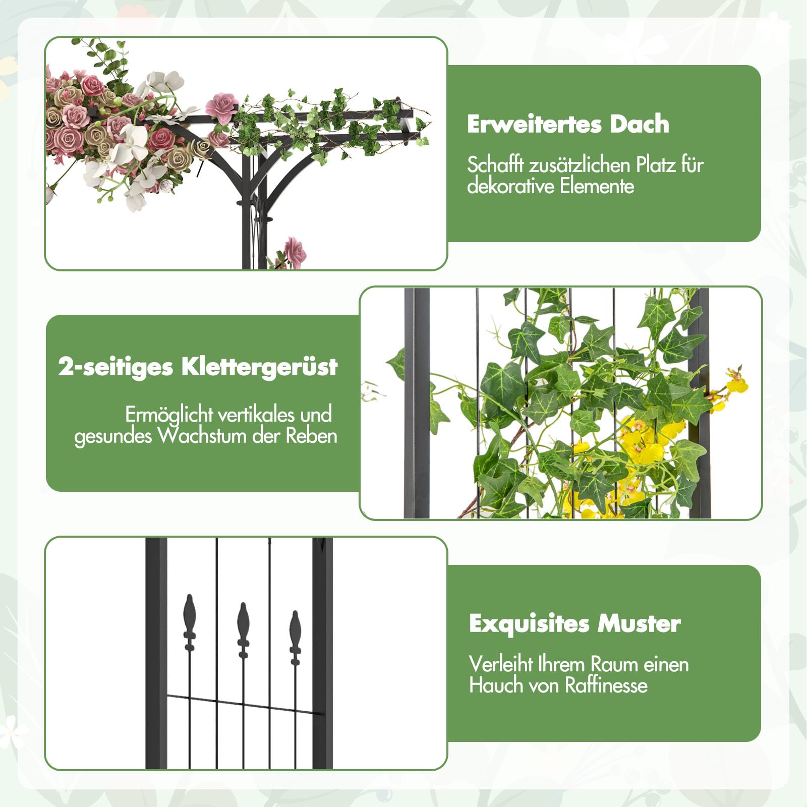 GOPLUS Rosenbogen aus Metall, 200 x 52 x 206 cm Gartenbogen mit Spalieren & erweitertem Dach, Torbogen Pergola Rankhilfe Hochzeitsbogen für Garten, Hochzeit & Party