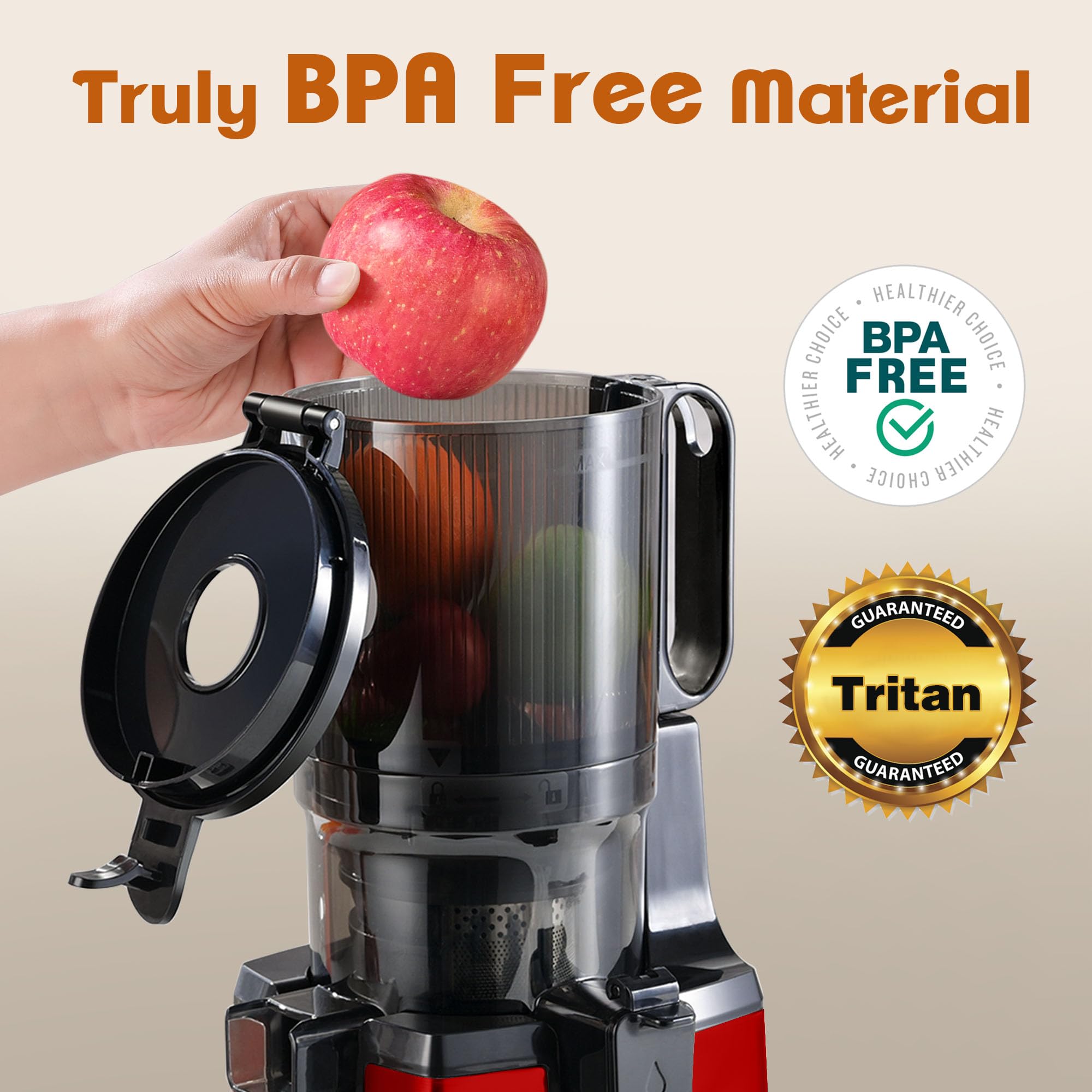 Fretta extractor de zumos y verduras,Exprimidor de Frutas y Verduras de 1,8 Litros con Triple Filtro,250W,fácil de instalar,desmontar y limpiar,Base de acero inoxidable (Rojo Puro)