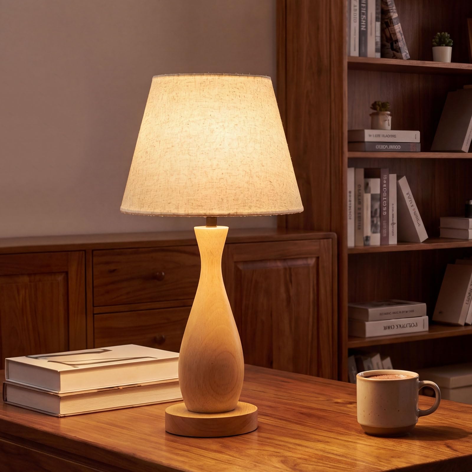 4776313 Tischlampe mit Leinen-Lampenschirm, moderne Nachttischlampe | E27, Holzfuß Tischleuchte für Schlafzimmer, Wohnzimmer, Arbeitszimmer und Flur, Leuchtmittel nicht enthalten