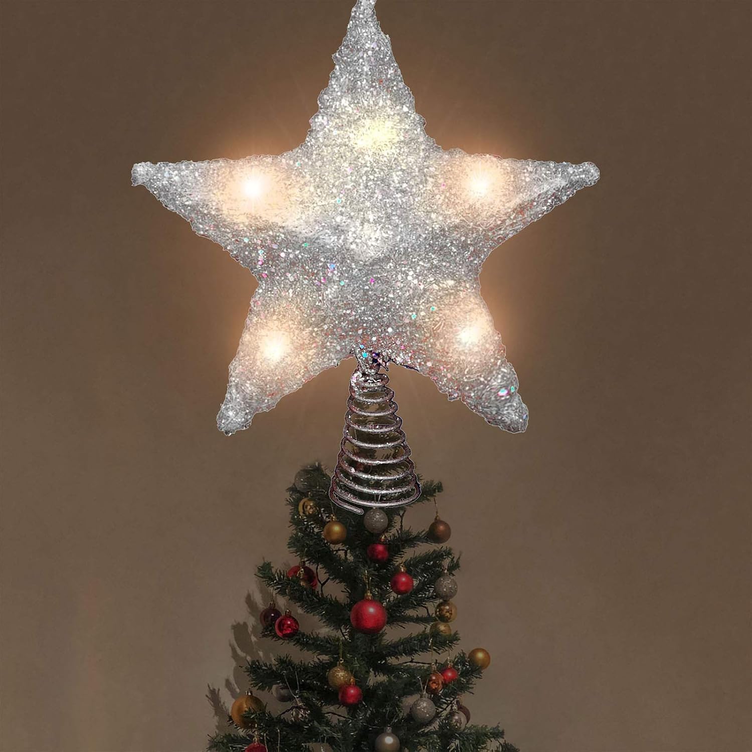 LAWOHO Christmas Tree Topper Star 10 Inch Glittering Silver Xmas Tree Ornament Indoor Party Home Decoration Fit for Ordinary Size Christmas Tree