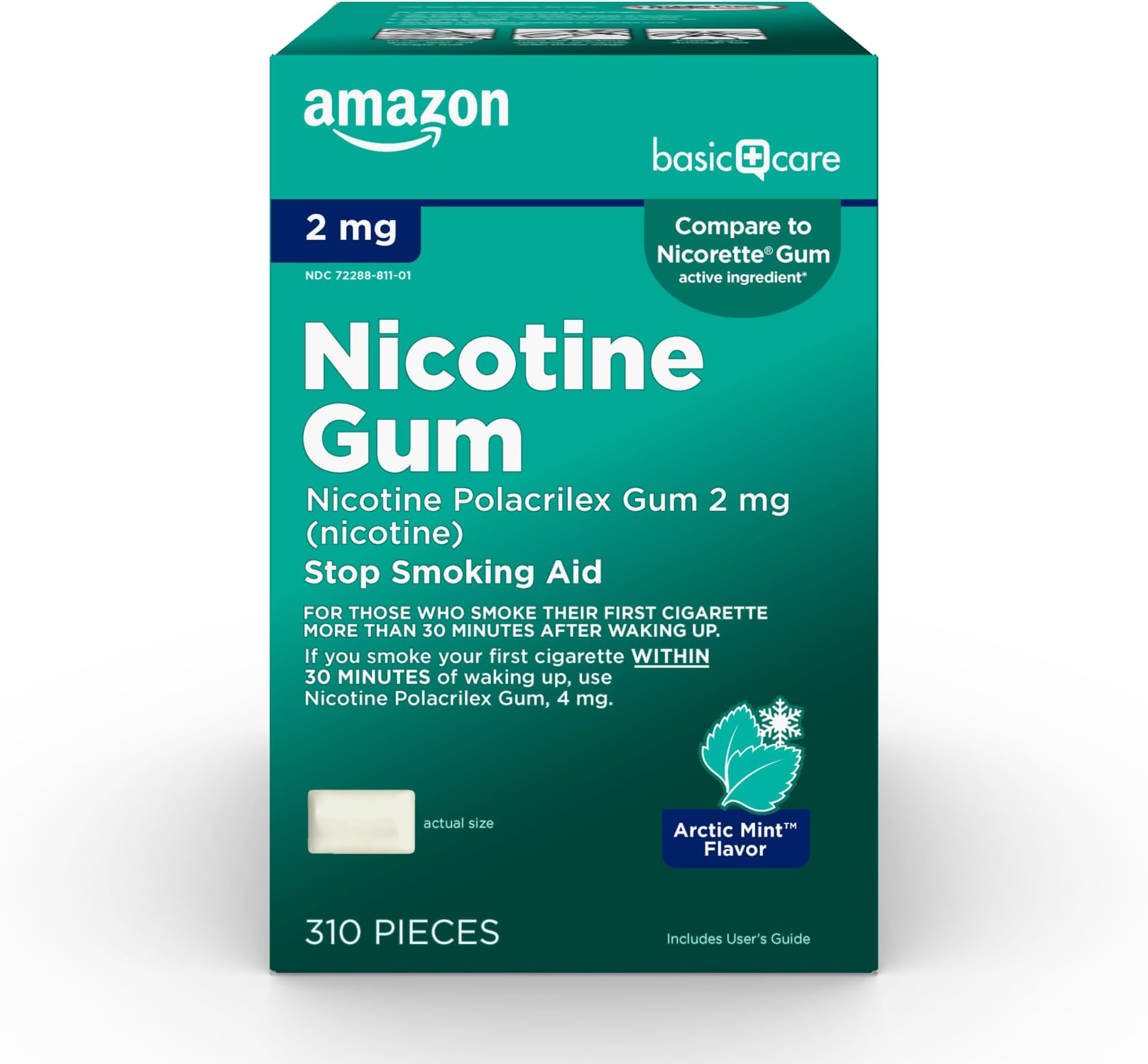 Uncoated Nicotine Polacrilex Gum 2 mg, Arctic Mint, Stop Smoking Aid, 310 Count