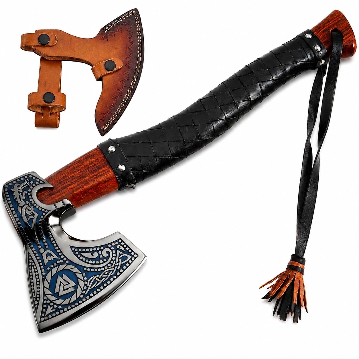 Wikinger Axt Valknut Gravur Handgeschmiedet + Lederscheide