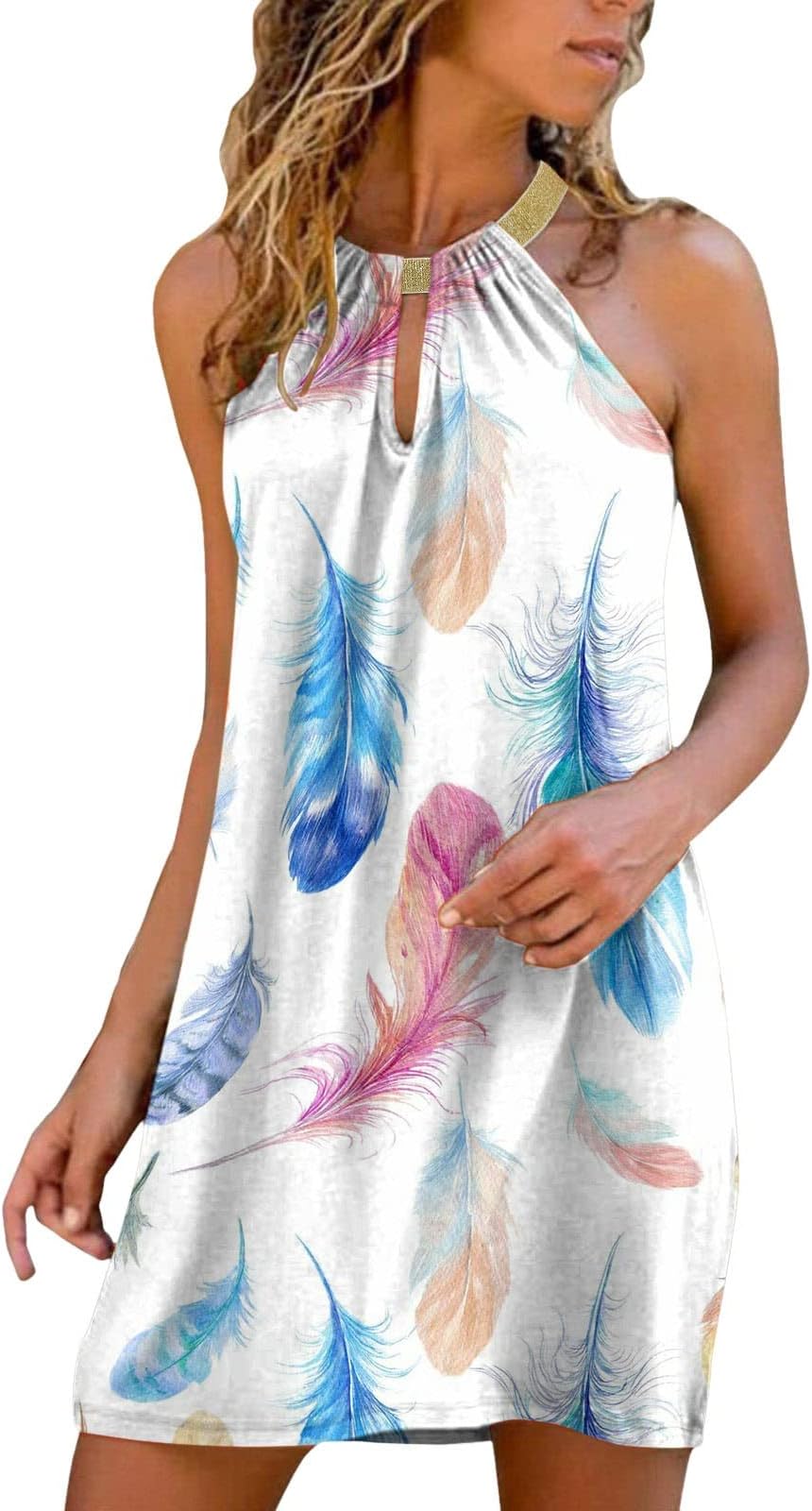 Women's Flowy Round Neck Dresses Hide Belly Floral Printed Short Dress Swing Hollow Out Sleeveless Mini Dress