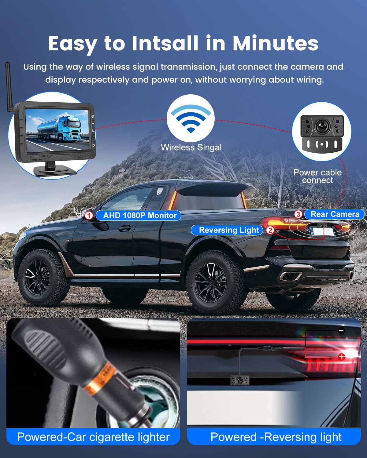 NHOPEEW Kit telecamera di retromarcia wireless da 4,3 pollici - Impermeabile IP68 / Visione notturna/Ampio angolo di visione Linea di retromarcia per auto, camion, rimorchi, camper
