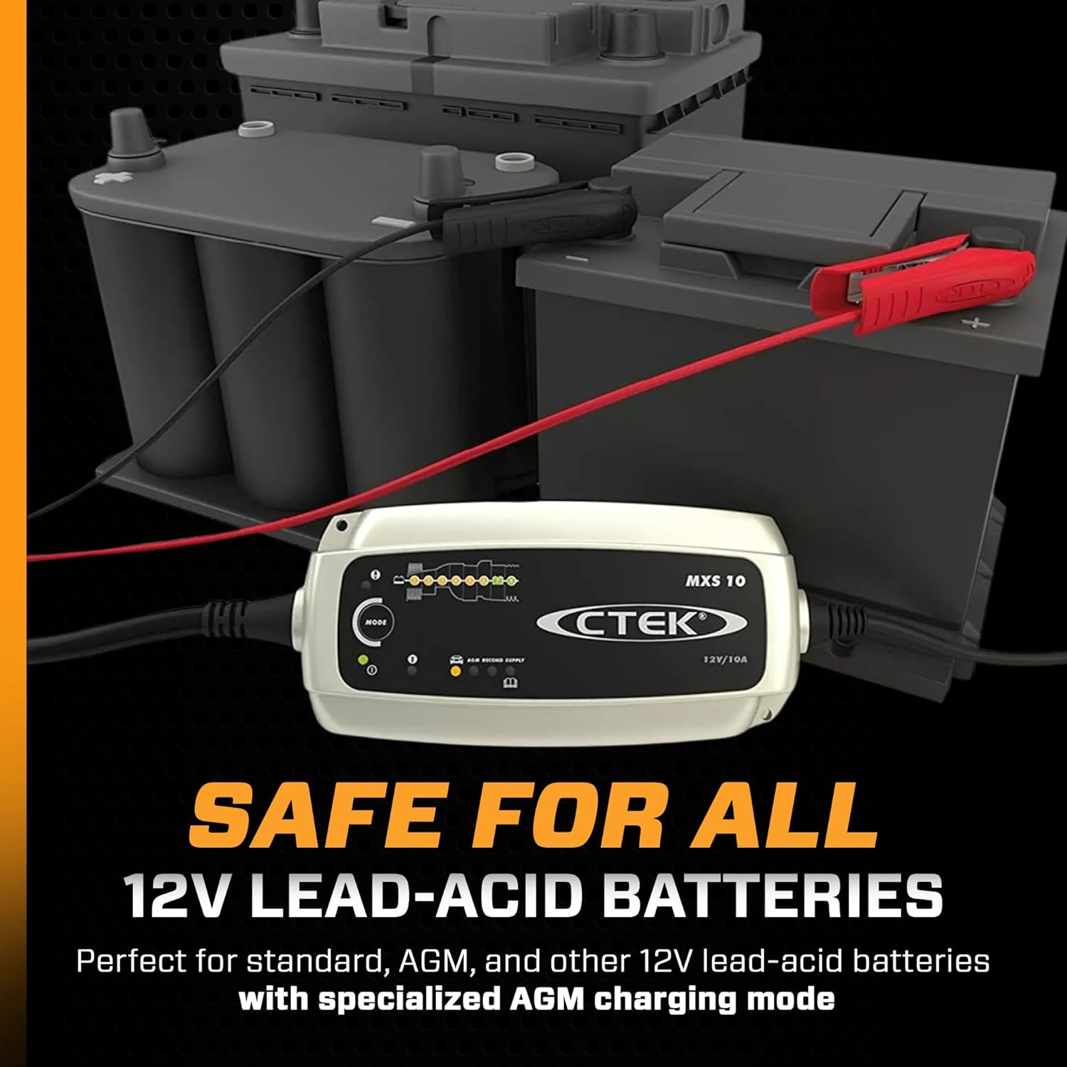 CTEK MXS 10 charger connected to two 12V lead-acid batteries