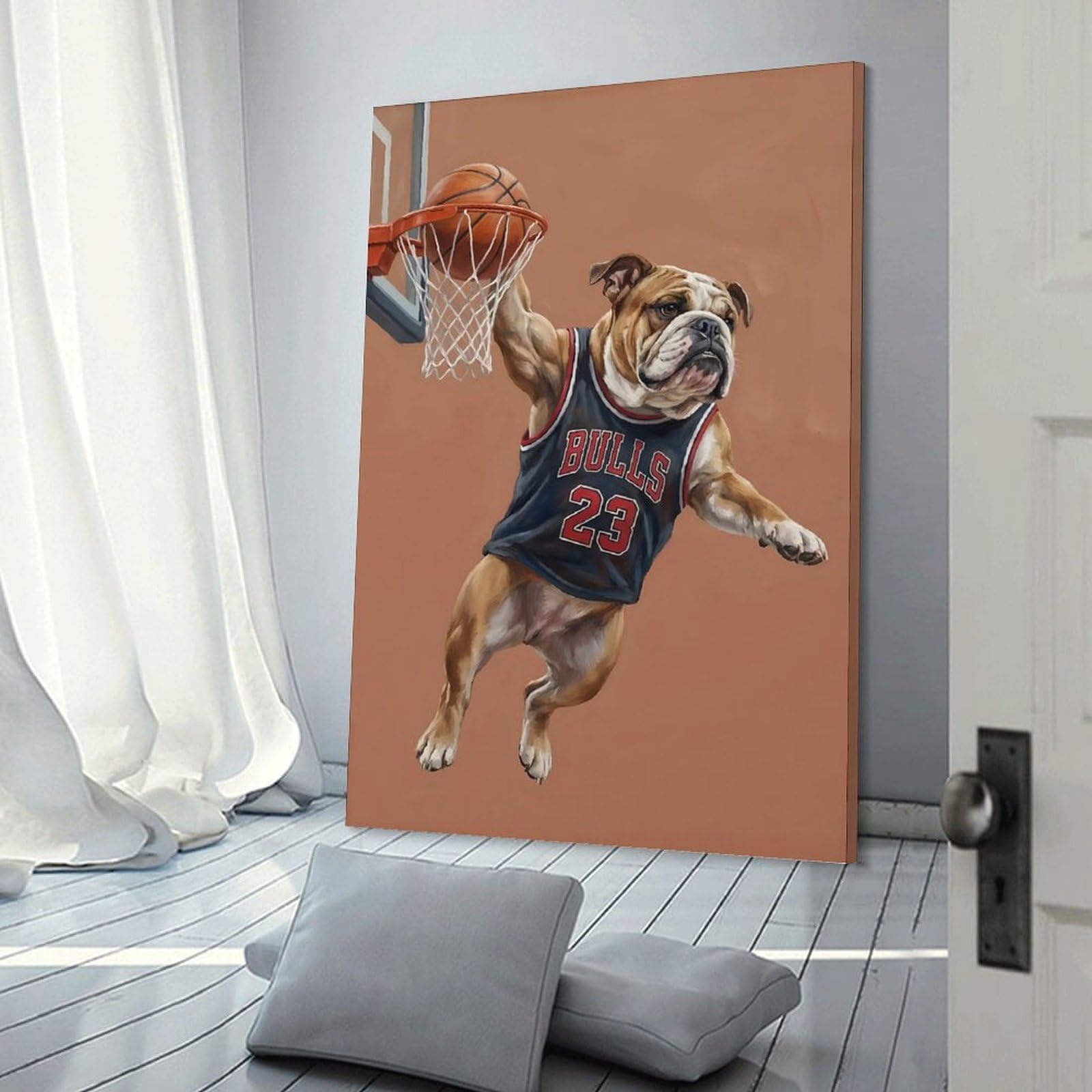 Junmoney Frame-Style-14 Canvas Wall Art Bulldog Basketball Player Dunking, 20X30inch(50X75cm), For Bedroom, Guest Room Or Reading Nook, Canvas Wall Decor For Personal Spaces