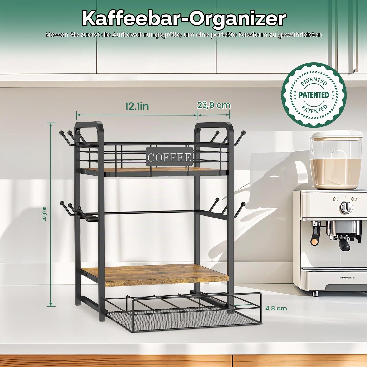 EsLuker.ly 3-stufig Tassenhalter und Tassenregal mit Schublade, Kaffee Regal Organizer für Theke, Coffee Bar Organizer with Tassen Regal, Tassenhalter Stehend, Ideal für Küchen