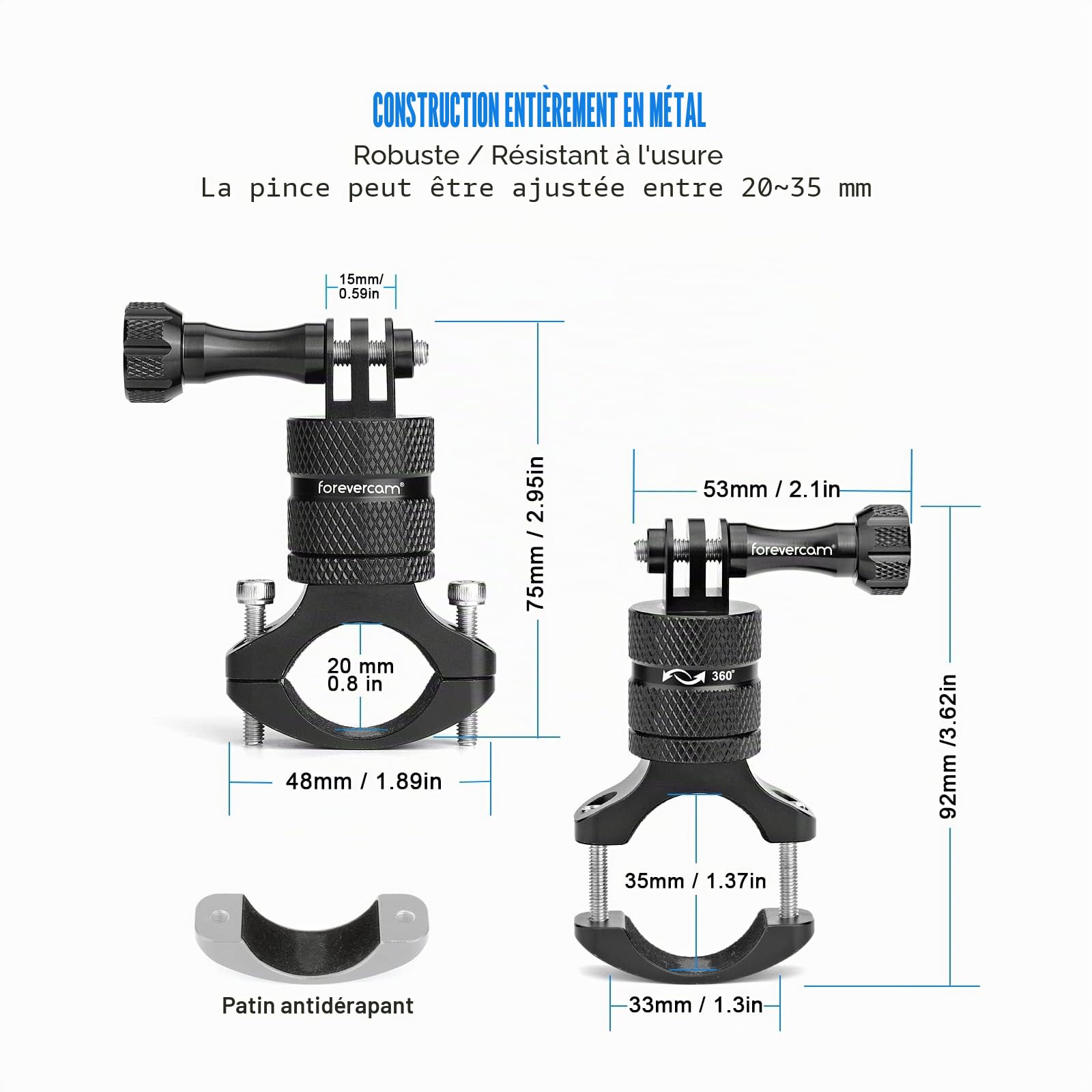 Forevercam-Support de caméra d’action en alliage d’aluminium pour guidon de vélo, rotation à 360 degrés, compatible avec diverses caméras