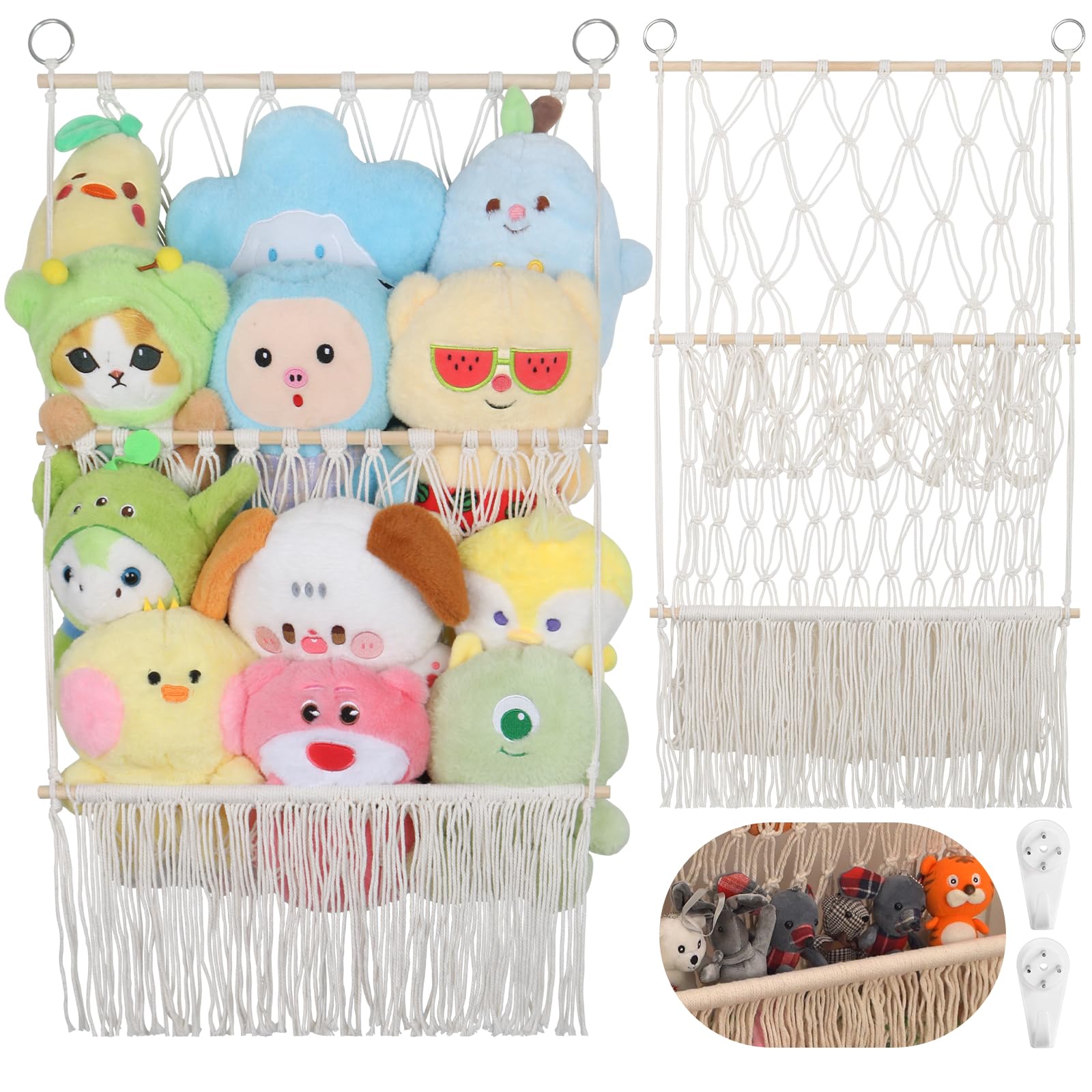 Photo 1 of 2 Tier Stuffed Animal Storage Shelf Net, 17x32Inch Large Stuffed Animal Organizer Holder Display for Mini Medium Stuffy,Beige Boho Macrame Wall Stuffy Storage Plushies Storage for Nursery Decor