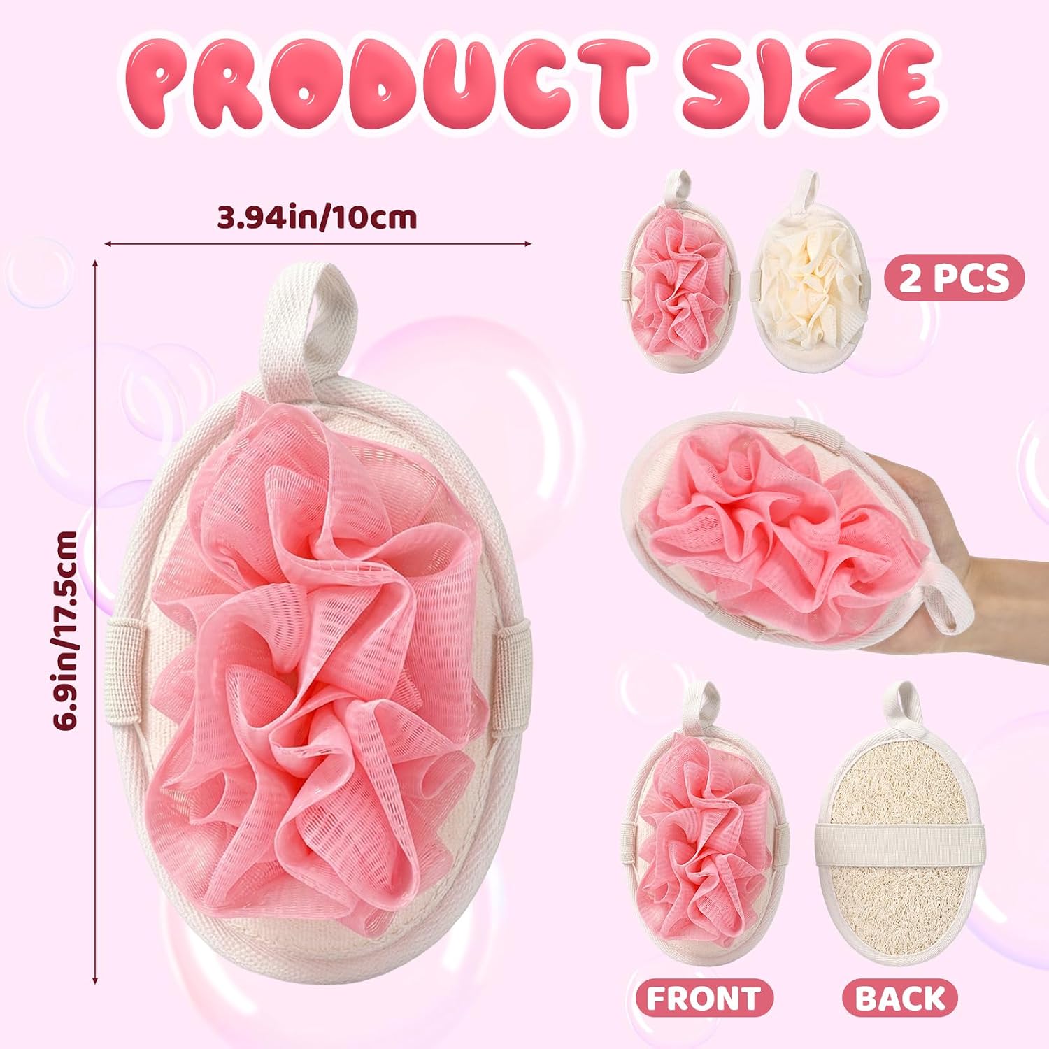 2Pcs Travel Natural Loofah Sponge, Shower Puff with Elastic Hand Strap, Exfoliating Shower Puff for Body and Sensitive Skin, Lightweight Washable Mesh Sponges (Pink, Beige)