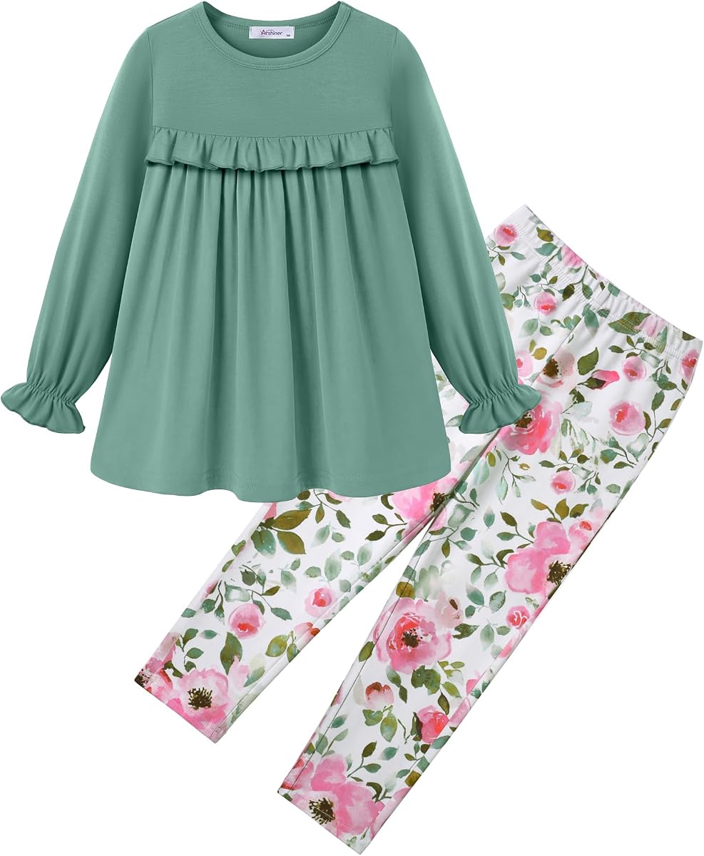 Arshiner Girls 2 Piece Outfits Toddler Fall Ruffle Shirt and Leggings Sets