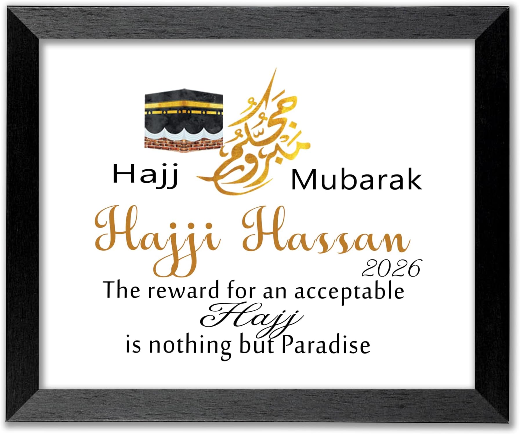 JR Decal Hajj Mubarak Personalised Frame Gift – Custom Name Hajji & Hajja Islamic Gift – Muslim Pilgrimage Keepsake for Family & Friends – Eid Gift – Framed or Unframed
