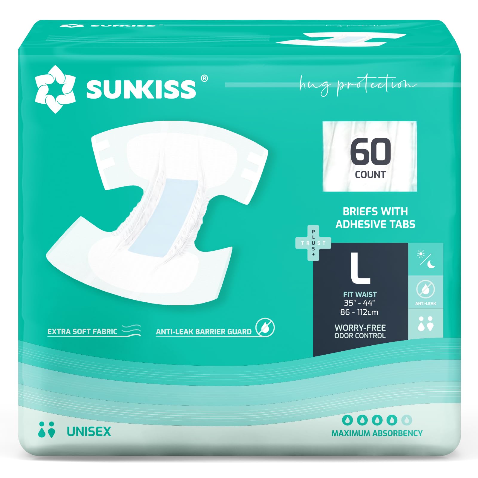 SUNKISS TrustPlus Adult Diapers with Maximum Absorbency, Disposable Incontinence Briefs with Tabs for Men and Women, Large, 60 Count (4 Packs of 15)