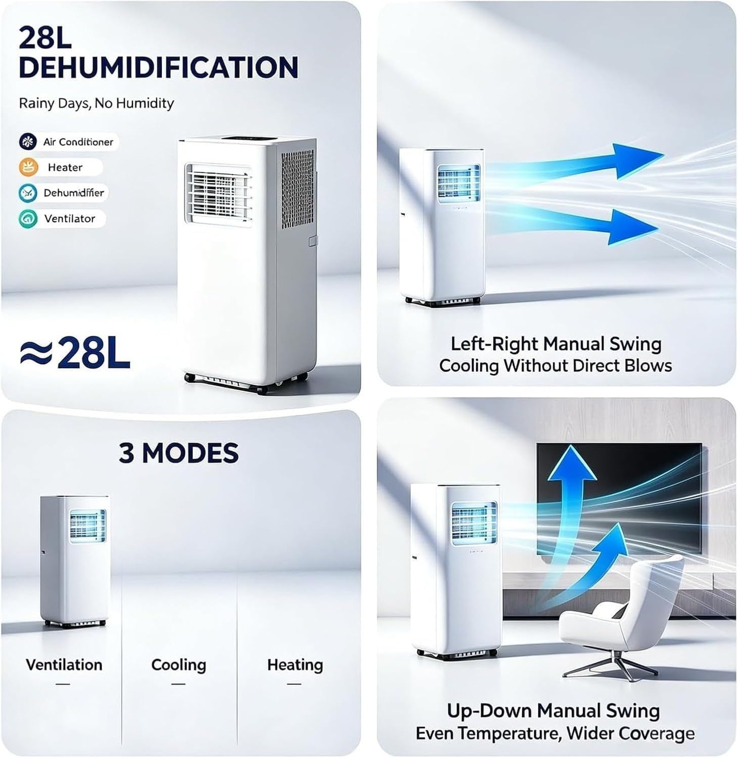 Condizionatore d'Aria Portatile 12000BTU Mobile con Telecomando Timer 24h aspiratore Ventilatore Vasca di Raffreddamento Oscillazione 120° raffredda 30 m² AC Un, Cold+Hot, 12000BTU