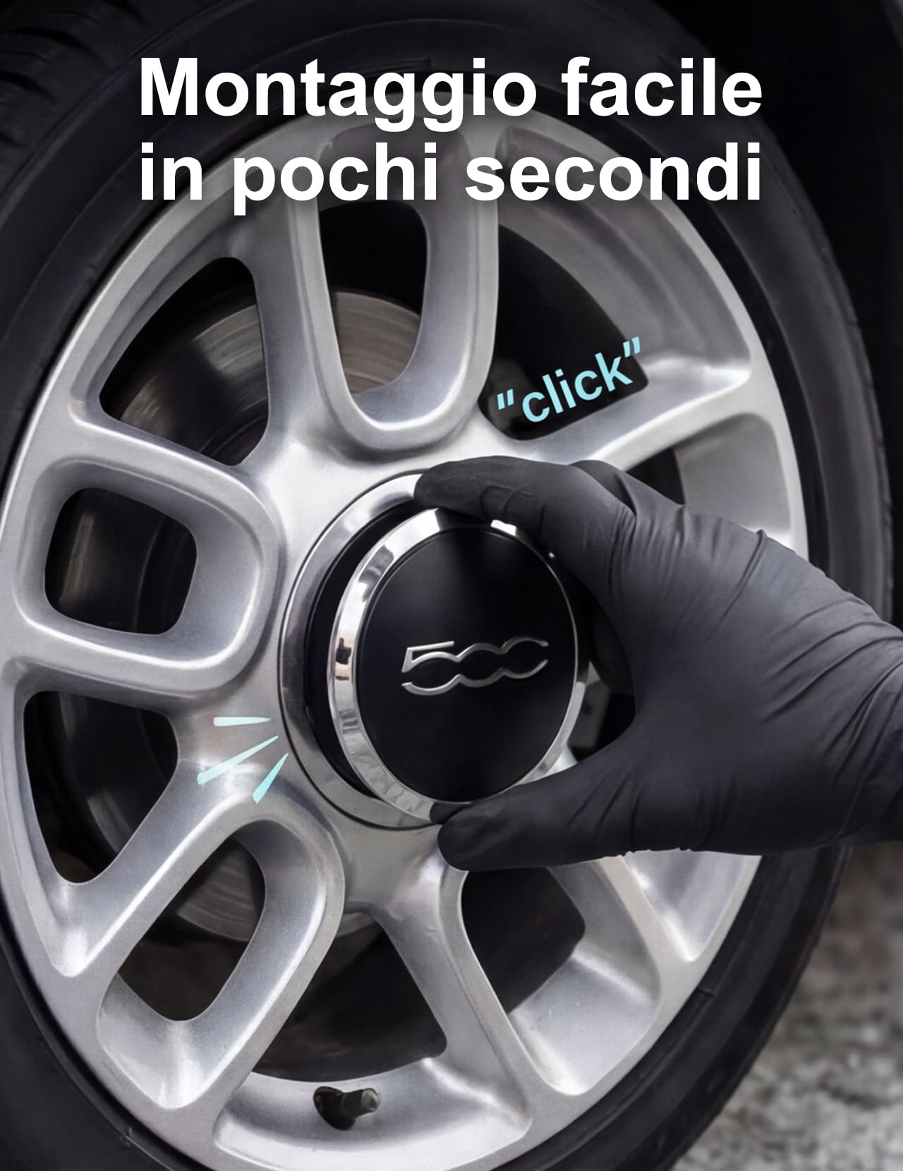 Copri Ruota per FIAT 500 (4 bordo argento scritte argento)
