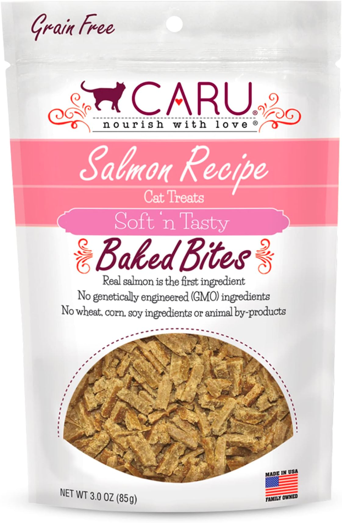 Caru - Soft ‘n Tasty Baked Salmon Bites - Natural Treats for Cats - Supports Muscle & Heart Health - Packed With Protein - Traceable Ingredients - Flavorful - Non-GMO - Made in USA - 3 oz - 1 Pack