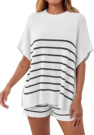 Women's Striped 2-Piece Oversized Batwing Short Sleeve Top and High-Waisted Shorts Summer Knit Lounge Set