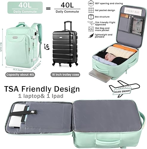 Miniatura 8 de Mochila de transporte, mochila grande para portátil de viaje aprobada por la TSA con puerto de carga USB, Verde oscuro, Mochilas de viaje