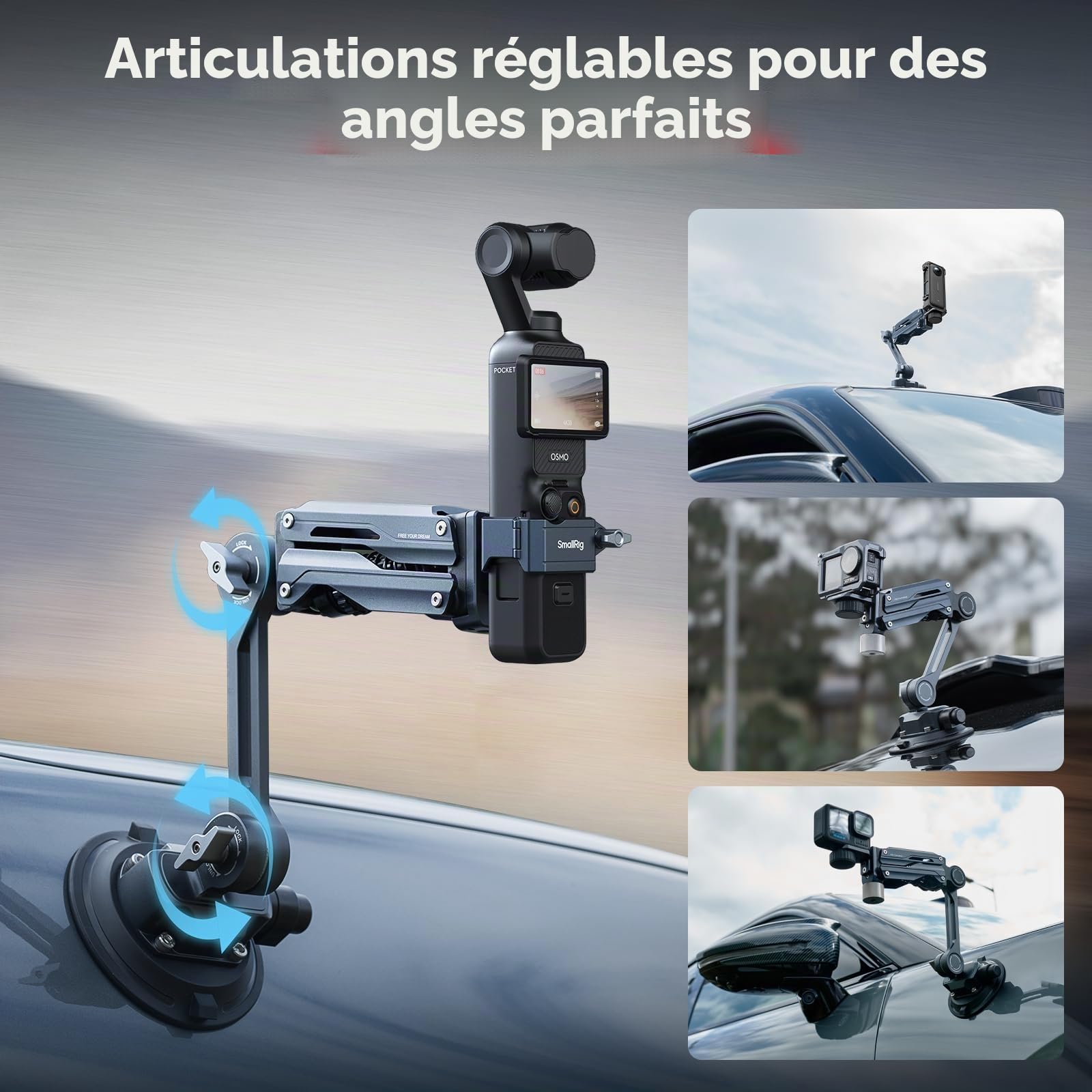 SMALLRIG Mini Bras Amortisseur, Ventouse 4 Pouces, Double Ressort et Amortissement Hydraulique, Support Voiture pour DJI Osmo Pocket 4/3, pour Insta360 Luna Ultra X5, avec Sac de Rangement - 5123