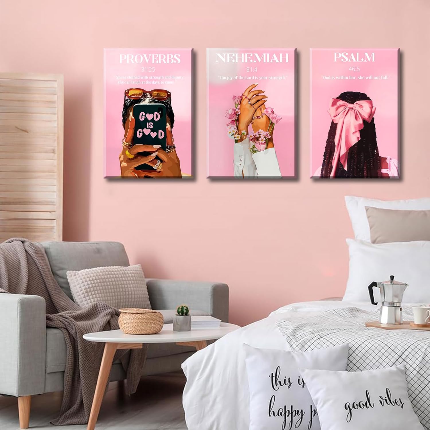 3Pcs Pink Bible Verse Canvas Wall Art Christian Black Girl Wall Decor Pictures Religious Scripture God Posters Prints for Girls Room Bedroom Home Decoration 12x16in