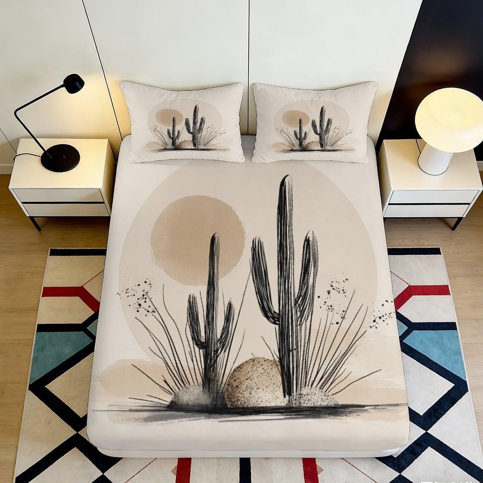3D Printed Desert Cactus Fitted Sheet Microfiber Soft Sun Landscape Mattress Cover Anti-Slip Machine Washable for Bedroom Guest Room Decor 180x200x25cm