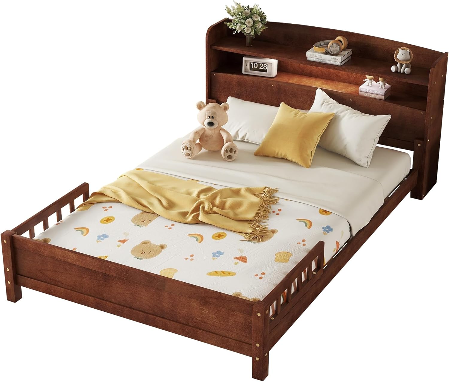 Mirightone Kids Full Size Bed Frame with Storage Headboard, Full Bed with Detachable Rails and LED Motion Sensor Lights, Wood Low Platform Bed for Girls Boys Teens, No Box Spring Needed, Walnuts