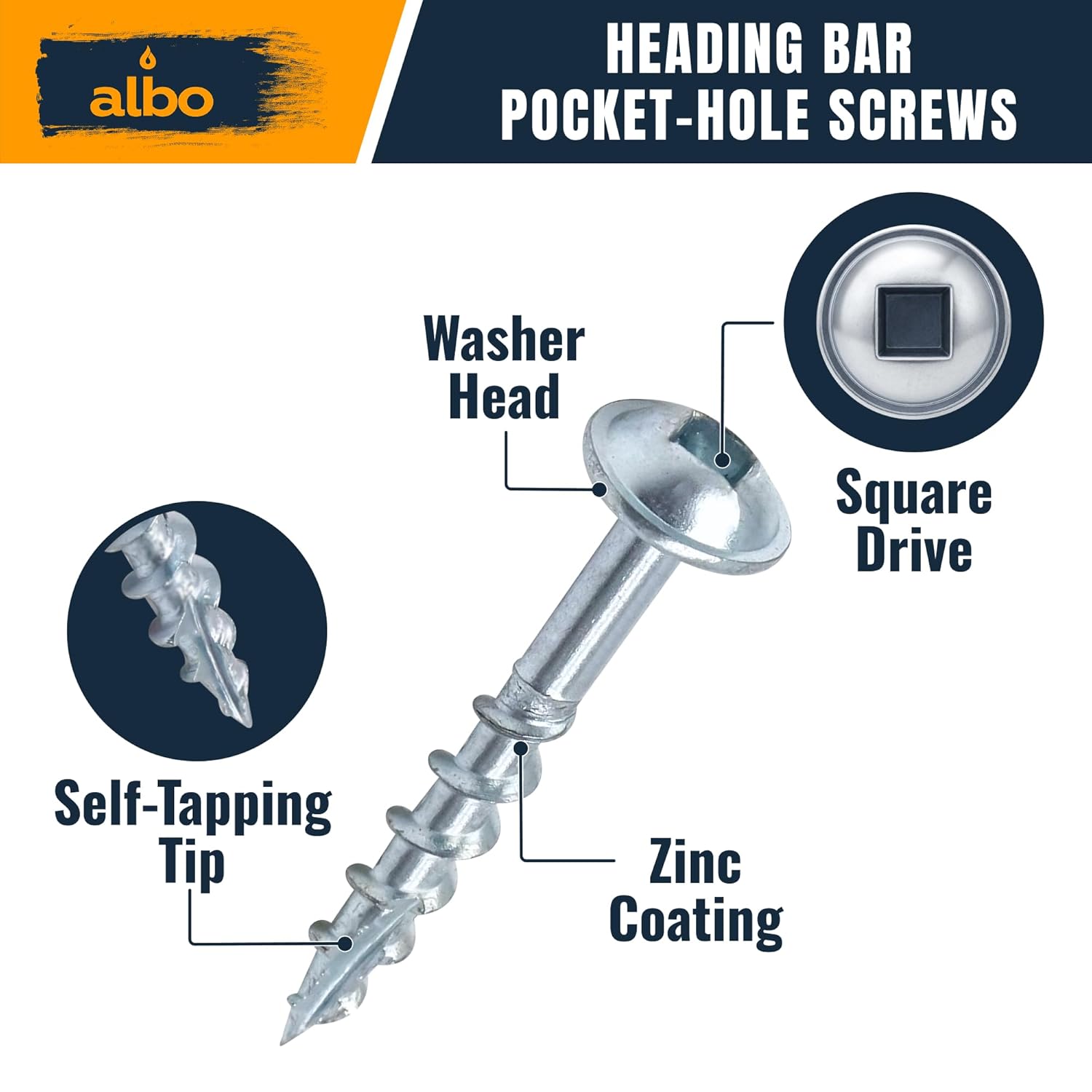 ALBO Pocket Hole Screws #8 × 1-1/4" Set 500 PCS Zinc Carbon Steel Self-Tapping Robertson Square Drive Washer Head Cabinet Wood Screws, Pocket Jig Fasteners Assortment, 150 mm Bit Included